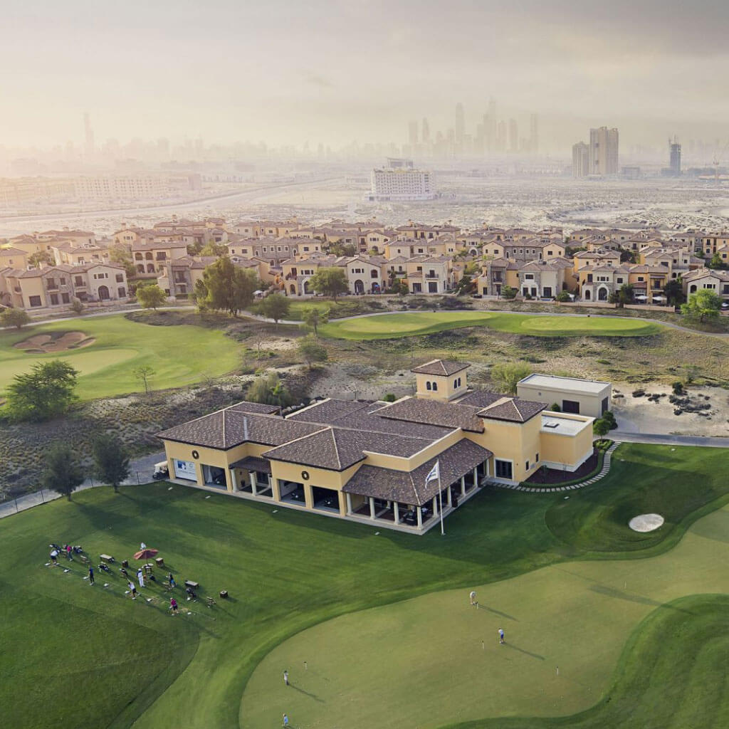 Aerial view of Jumeirah Golf Estates clubhouse and championship course